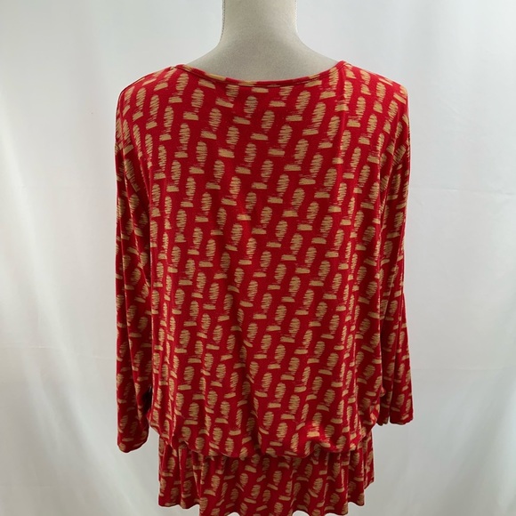 Chico’s 3 Red Tan Peplum Blouse Elastic Waist XL - Picture 3 of 7